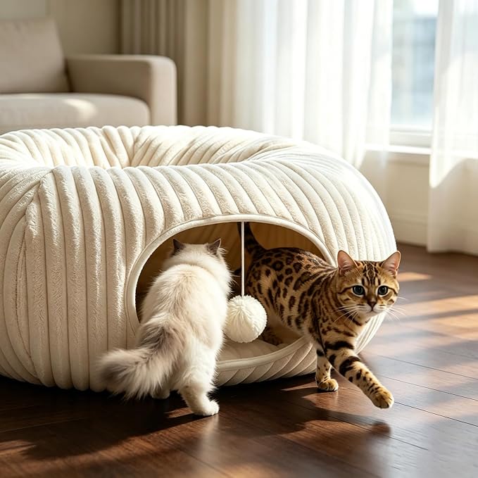 Cat Tunnel Bed with 30 Pcs Interactive Cat Toys, Cat Tube with Kitten Toys for Indoor Kittens, Collapsible Play Tunnel, White