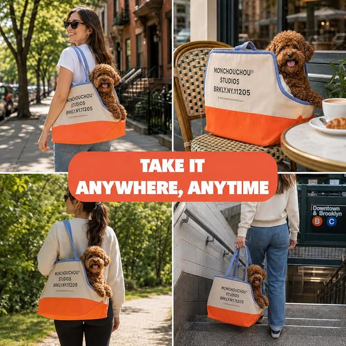 Dog Tote Bag for Small Dogs 4–20 lbs with Safety Leash, Purse Carrier,Beige | safety leash hooks, removable cushion cover, and flat support base for comfortable everyday travel and hands-free carrying.