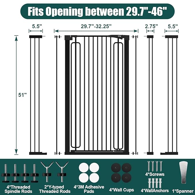 keny 51" Extra Tall Pet Gate, 29.7"-46" Wide Adjustable Cat Gate | for Doorway, Hallway, Stairs, Auto-Close & Pressure Mounted, No Drilling, Black