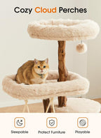 Letkind Modern Cat Tree Tower for Large Indoor Cats, Perches-Natural Solid Wood Cat Tower with Sisal Scratching Post, Perches, Hammock & PlayBalls, Aesthetic Boho Cat Furniture