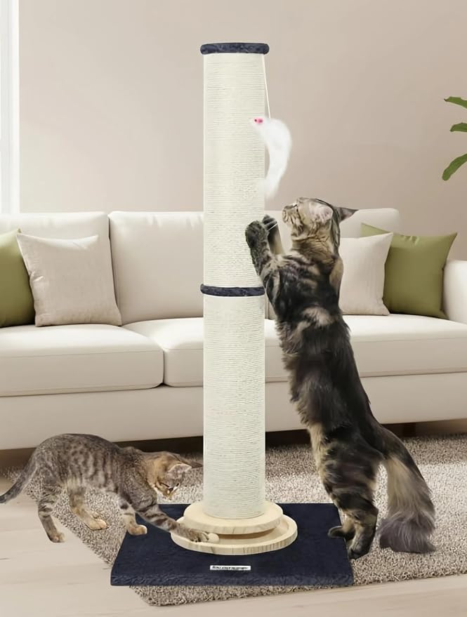 Globlazer 35in Tall 3.9-in Thick Cat Scratching Post for Adult Cats, SC35 | Durable Natural Sisal Rope, Solid Wood Track Ball Game, Interactive Hanging Toy, Enlarged Base, Custom Tier