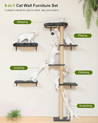 FUKUMARU Cat Wall Shelves Set, 70 inch Wall Mounted Tree, Grey | Kitten Scratching Post with Soft Cushion Perch, Space Saving Climbing Wall Furniture for 16 Inch Drywall