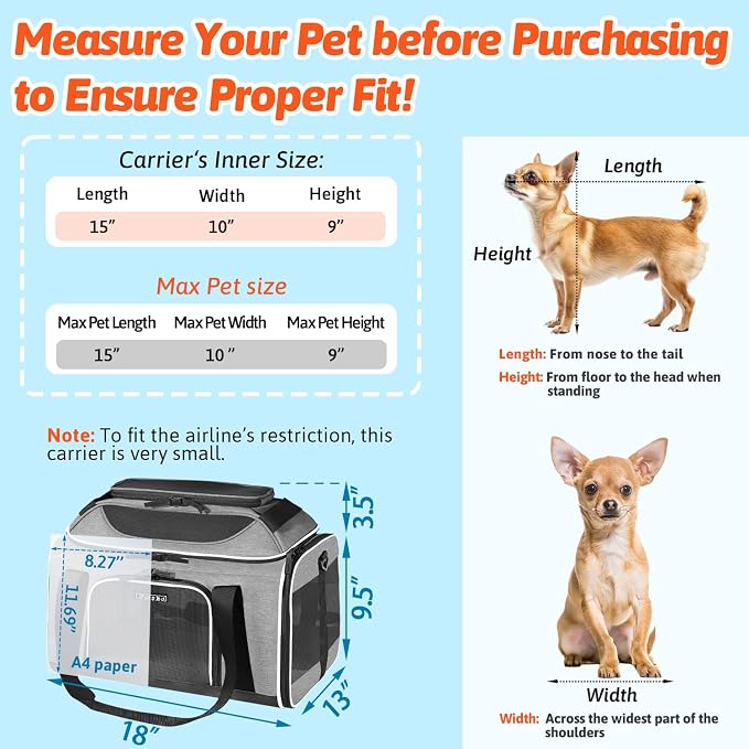 Petskd Top-Expandable Small Pet Carrier 18"x13"x9.5" Airline Approved | for Southwest Airlines, Lockable Safety Zippers and Anti-Scratch Mesh, Soft-Sided, Pets Under 10 Lbs, Grey