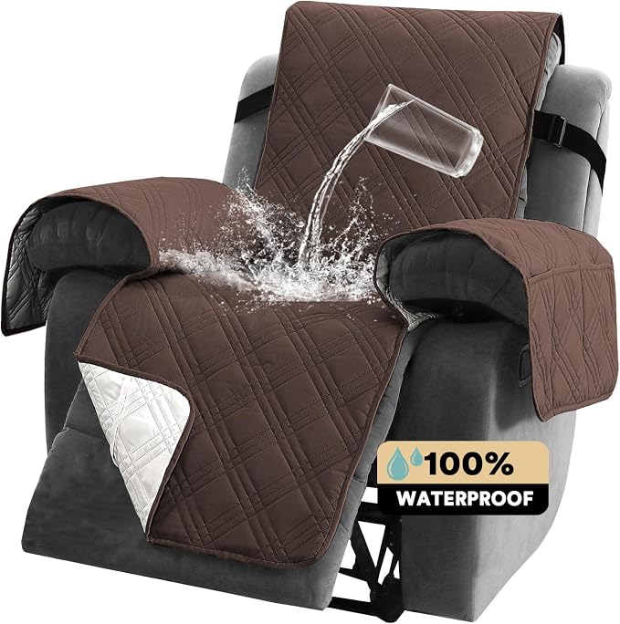 Recliner Cover 100% Waterproof Couch Cover Sofa Cover for Living Room Water Resistant Furniture Protector with Elastic Straps for Pets Dog(Recliner28,Brown)