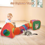 Rypet Cat Toy Tunnel and Cubes Bundle, Play Tubes for Indoor Cats,Rainbow | 3-in-1 Tunnel Cubes Tent, Crinkle Tube for Play, DIY Shapes, Ball and Bell for Play, Tear-Resistant Polyester, Folds Flat