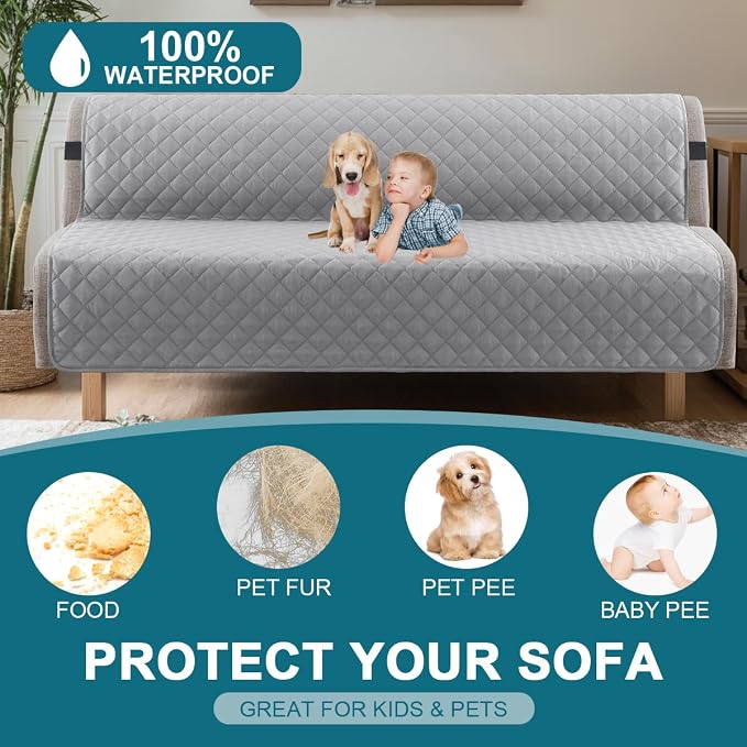 Turquoize 100% Waterproof Futon Cover Futon Slipcover Washable Armless Sofa Bed Slipcover Protector Seat Width Up to 70" with Adjustable Elastic Strap Anti-Slip for Dogs, Dove Gray