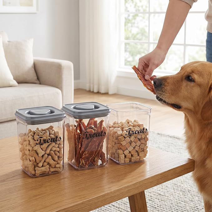 1.37 Qt Pet Food Storage Containers, Airtight Dog Food Storage Container with One-Touch Opening, Dog Treat Container with a Stickers & Pen,Suitable for Pet,Bird Seeds,Dog & Cat Treats(Gray)