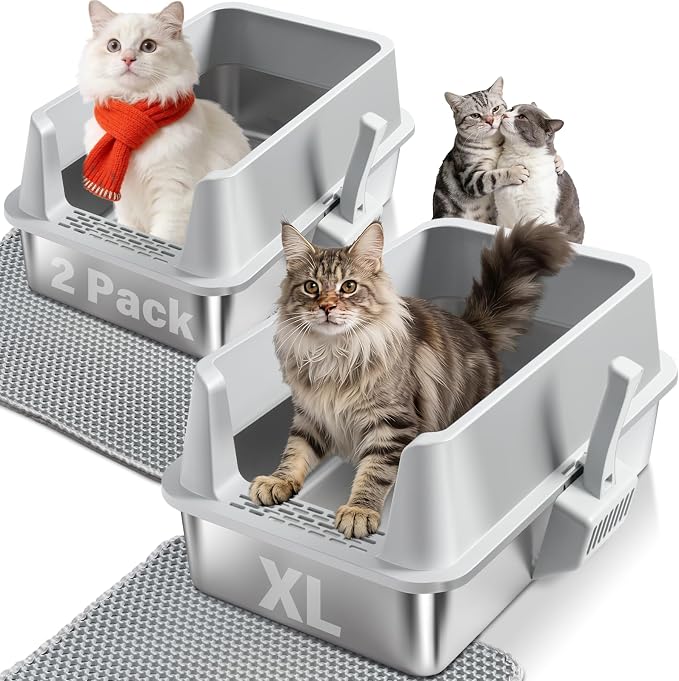 2PACK Stainless Steel Cat Litter Box, Extra Large Litter Boxes for Big Cats | High Sided, Anti-Urine Leakage, Odor Free, Non-Sticky, Easy Cleaning, Include Mat & Scoop