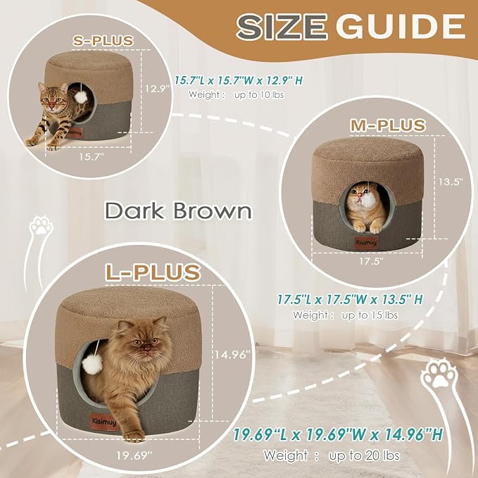 Cozy Cat Bed Cave for Indoor Cats,with Reversible Plush Cushion | 17.7"D x 13.8"H, 2-in-1 Convertible Kitten Bed, Hanging Cat Toys, Linen Fabric, Non-Slip, Small Dog Bed, Brown