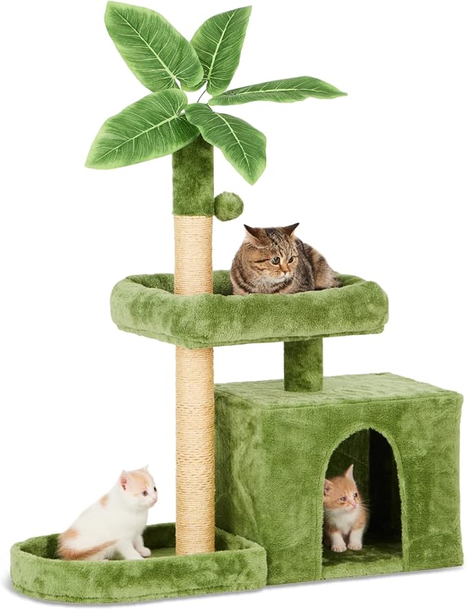 31.5inch Small Cat Tree Tower Condo for Indoor Cats, Soft Plush Multi-Level Climbing Tree Cat House with Cat Cave, Scratching Post, Sisal Rope, Green