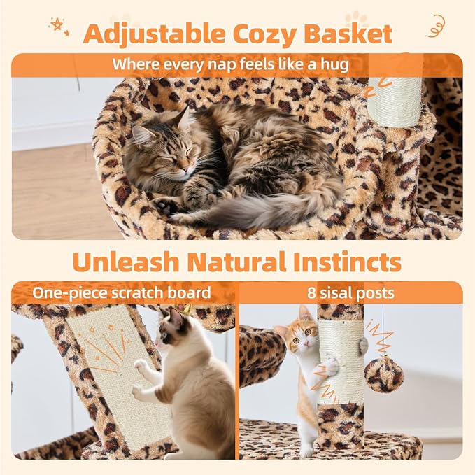 Taoqimiao Cat Tree, 71 in Extra Large Cat Tower for Inddor Cats, MS026LBW | 2 Large Cat Condos, 2 Cute Perches, Metal Frame Cozy Hammock, Durable Scratch Board, 8 Natural Sisal Posts, Basket, Leopard