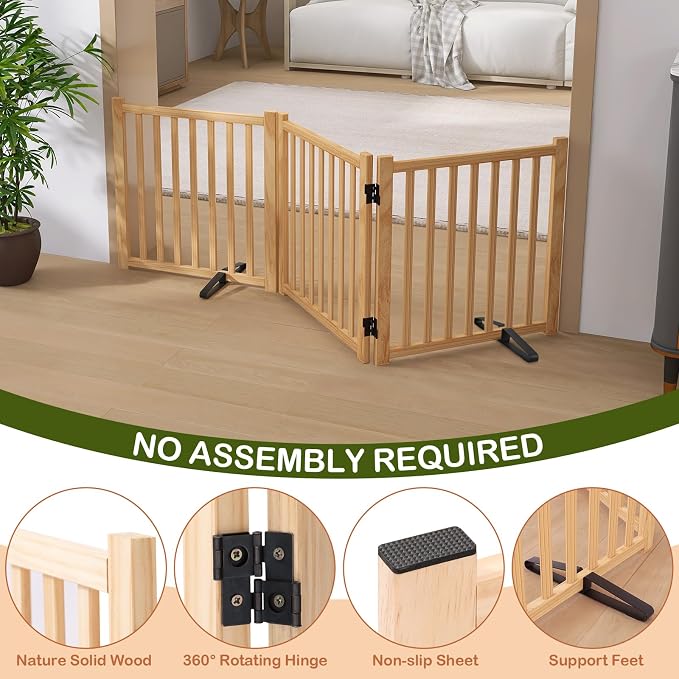 Wooden Freestanding Dog Gate Indoor - 23" Height 3 Panels | No-Painted Foldable Dog Gates, Portable Puppy Fence for Hallway Stairs, Doggy Barrier