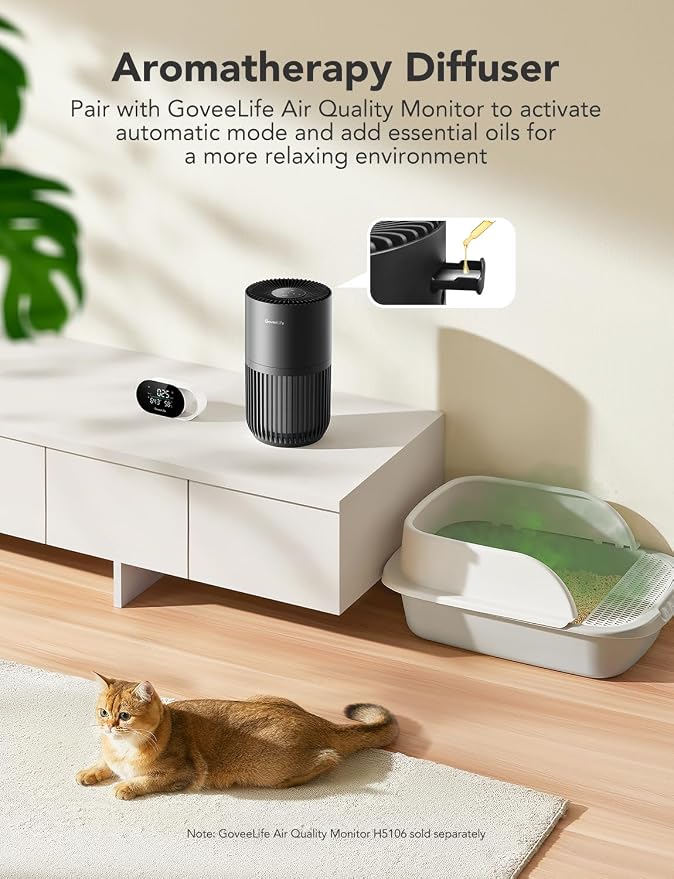GoveeLife Smart Mini Air Purifier for Bedroom, with App & Alexa Control | HEPA Filter, Portable Air Cleaner with 3 Speeds, 2 Modes, Aroma for Pet Hair, Odors, Pollen, Home, Black