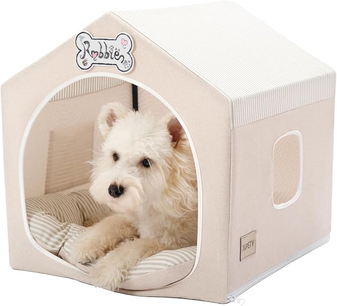 Jiupety Indoor Dog House with Frame, Cute Dog Tent Bed with Cover Cave, Breathable, Washable, and Foldable House, Suitable for 8-16 Lb Puppy and Cats, Medium (17"×17"×17"), Beige