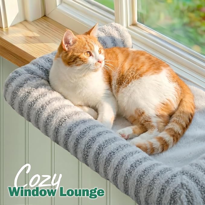 Zakkart Mellow Cat Perch for Windowsill with Hardwood Frame (Gray, XL) | Hook-On Windowsill Mount, Open-front View, Machine Washable, Support up to 40 lbs., 27"W x 15.5"D