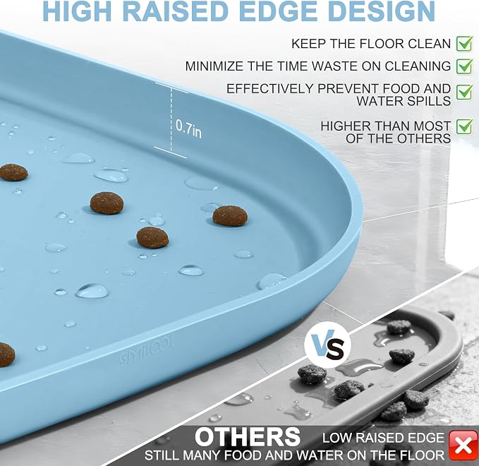 SMILOOL Silicone Pet Food Mat with Raised Edge for Food and Water Bowl, Dog Feeding Mats, Cat Food Trays for Floor Waterproof, Rubber Tray for Dogs and Cats, 19 x 12 x 0.7 Light Blue