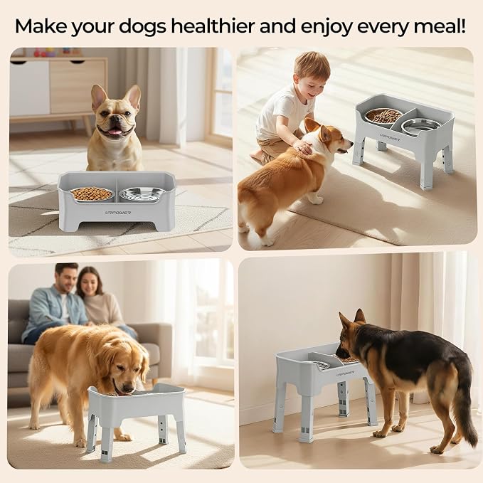 URPOWER Mess Proof Elevated Dog Bowls, Splash Guard Raised Bowl Stand | 4 Height Adjustable Raised Stand with 2 Stainless Steel Food Bowls & Licking Plate for Small, Medium & Large Dogs