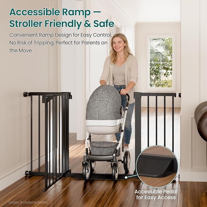 Cumbor 30-54" Extra Wide Baby Gate for Stairs & Auto Close Dog Gate Black | Dual Lock Easy Install Pet Gate for Doorways, Hallways & Kitchen, Pressure Mounted, Easy Walk Thru Safety Proofing