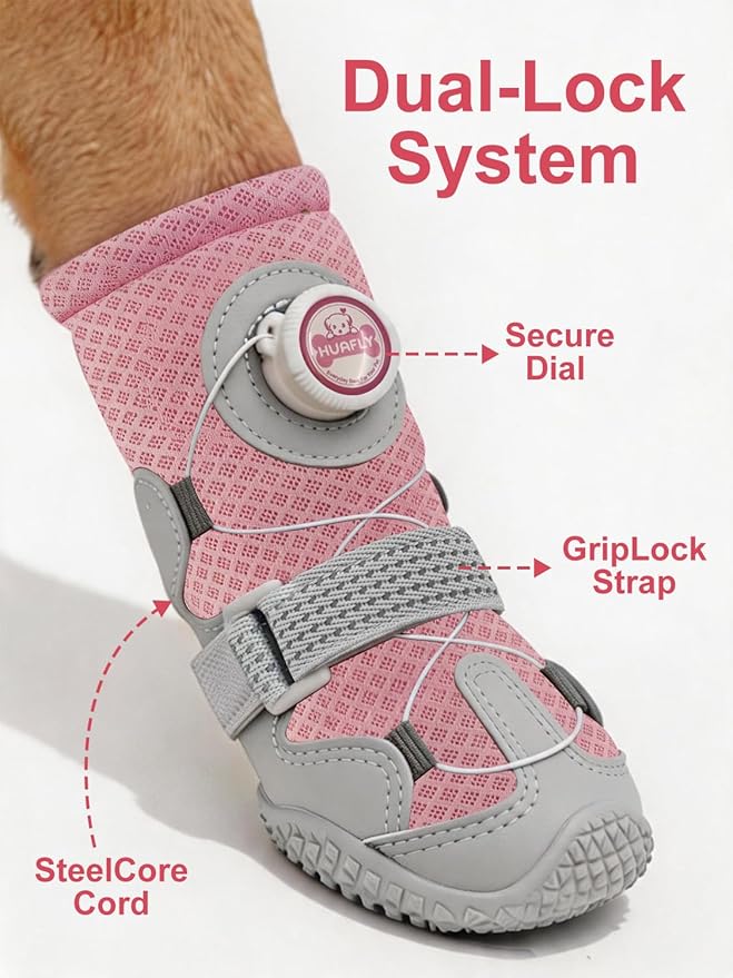 Huafly Tension Knob Dog Shoes – Twist-Lock Dog Boots & Paw Protectors for Small Medium Large Dogs,Non-Slip Sole Breathable Mesh Reflective Strap for Hiking Camping Hot Pavement & Hard Floor (Size 1)