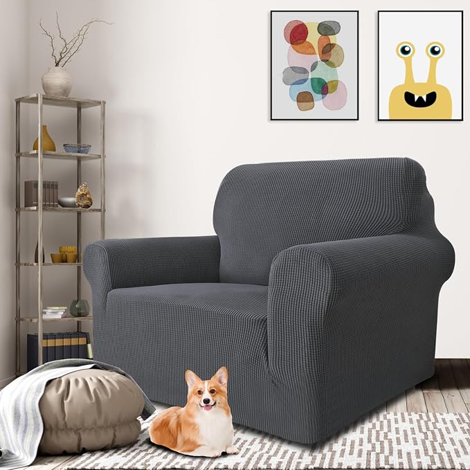 MAXIJIN Stretch Chair Cover Chair Slipcovers with Arms, 1-Piece Couch Sofa Chair Covers for Living Room, Non Slip Armchair Cover (31"-46") Furniture Protector Dogs Pet Friendly (Chair, Grey)