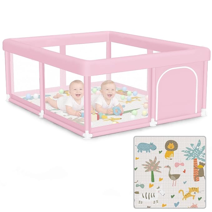 Hiaksedt Baby Playpen with Mat 50"x50" Baby Girl Play Pen for Babies | Playpen and Toddlers, Safe Structure and Soft, Skin-Friendly Fabric with Zipper Gates Pink