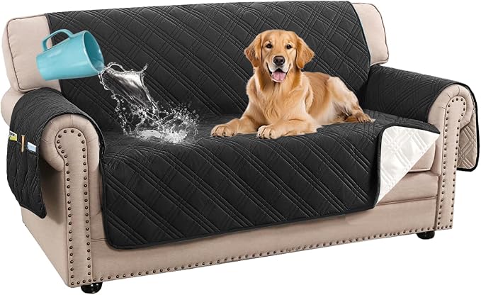 H.VERSAILTEX 100% Waterproof Love Seat Covers Washable Modern Love Seat Covers Thick Soft Couch Cover for Dogs with Elastic Straps (Loveseat, Black/Beige)