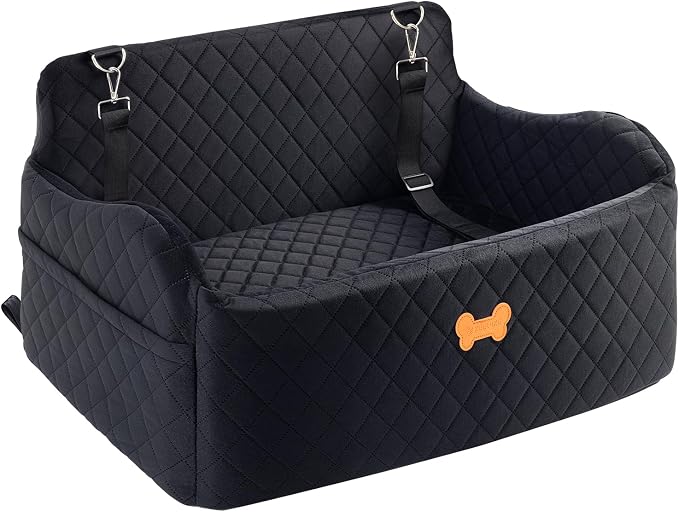 Car Seat for Large Size Dog, Booster Seat for Dogs Under 55 lbs or 2 Small Dogs, Soft Car Dog Bed Filling in Thick Memory Foam with 2 Safety Leashes and Storage Pocket (Black)
