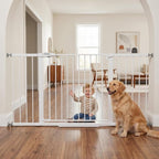 Mumeasy Extra Wide Baby Gate for Doorways, 36-63" Walk Thru Dog Gate with Auto Close Dual Swing for Stairs & Hallways, Easy Install Pressure Mounted Child Safety Gate for Toddlers & Pets Indoor, White