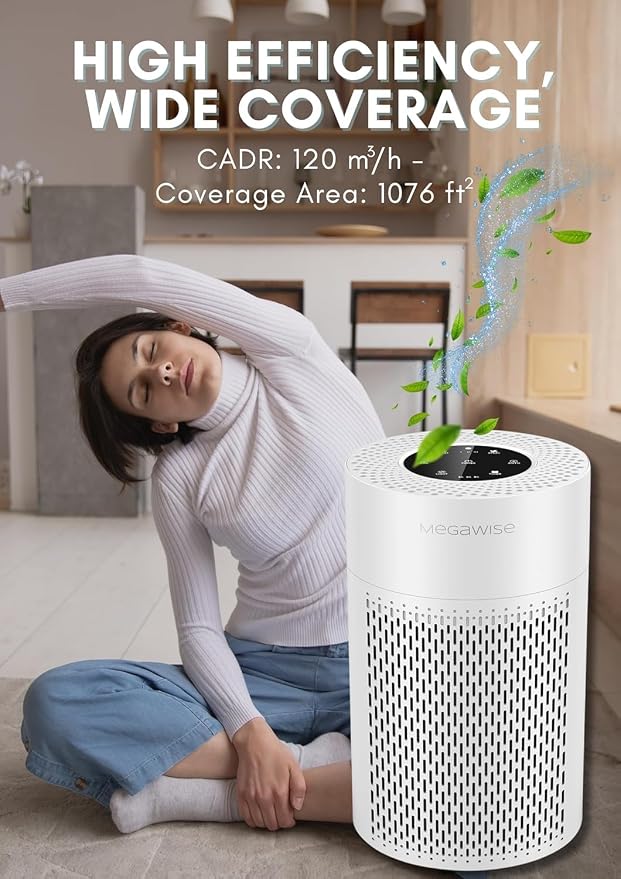 MEGAWISE Air Purifier for Wildfire Smoke, H13 HEPA for Home Bedroom, White | Wildfire smoke sensor + PM2.5 display, Quiet sleep mode (<25dB), HEPA filters smoke, ash, dust & pet dander