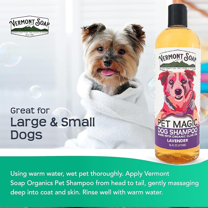 VERMONT SOAP Organic Pet Shampoo, Lavender Natural Dog Shampoo, 16 oz | Lavender scent, organic olive oil, coconut & aloe vera, soothing pet care, USDA Certified Organic, sensitive skin formula