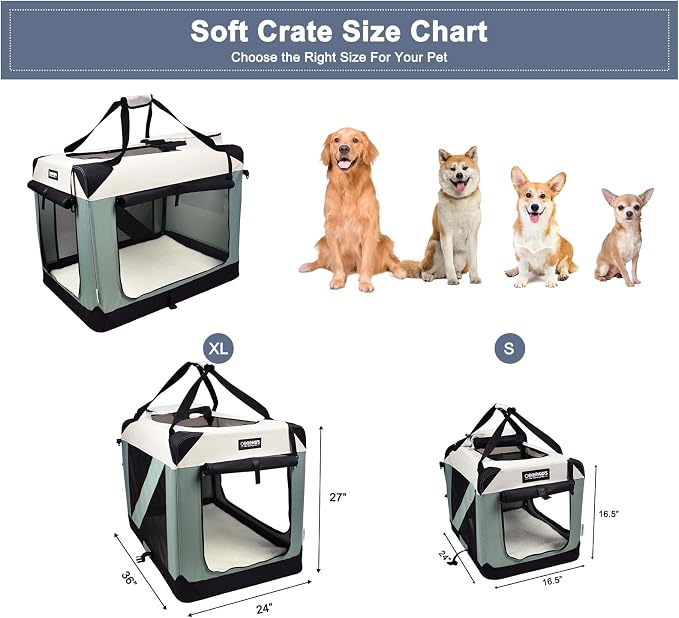 JESPET Soft Dog Crates Kennel for Pets, 3 Door Soft Sided Folding Travel Pet Carrier with Straps and Fleece Mat for Dogs, Cats, Rabbit, Indoor&Outdoor Use(5-Shale Green, Small(24"L x 16.5"W x 16.5"H))