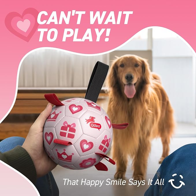 QDAN Valentines Gift Dog Toys, 8 Inch Dog Soccer Ball with Straps, Pink | Interactive Tug of War Toy, Puppy Birthday Gifts, Water Toy, Durable Dog Balls for Medium Large Dog, Outdoor Herding Balls