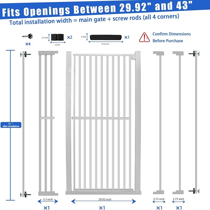 SHYUJAJIE 71 Inch Extra Tall Pet Gate for Cats | 29.92"-43" Adjustable Wide Dog Gates,Pressure Mounted Walk Through Tall Pets Gate for Doorways,Hallway,Stairs,White