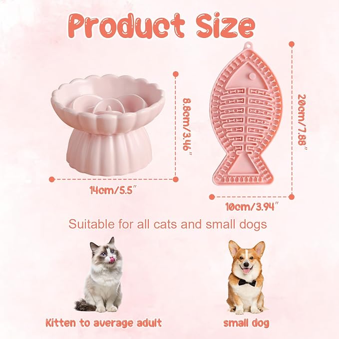 Ceramic Raised Slow Feeder Cat Bowl with Lick Mat, for Indoor Cats and Small Dogs Like Chihuahua, French Bulldog, Poodle,Anti Vomiting for Dry and Wet Food-Pink Bowl+Lick Mat
