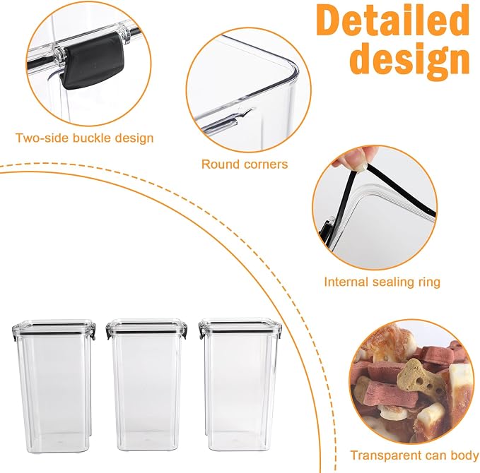 3Pack Pet Food Storage Containers, Airtight Dog Food Storage Container with Locking Clips, Dog Treat Container with a Stickers & Pen for Customizing , for Pet,Bird Seeds,Dog & Cat Treats(Black)