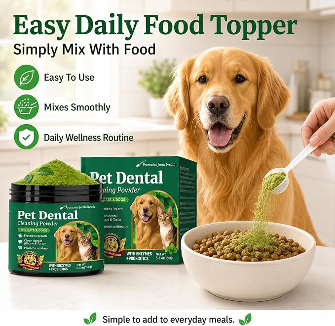 Dog Teeth Cleaning Powder – Dog Breath Freshener & Dental Care Powder – Helps Support Clean Teeth, Fresh Breath & Healthy Gums – No Brush Plaque & Tartar Support for Dogs & Cats, 150g