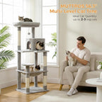 MUTTROS 56.3" Cat Tree with Metal Hammock, 2-Door Condo, 6 Tiers, Gray | 6-tier shelves, Metal plush hammock, 2-door condo house, Sisal posts, Large top perch, For adult cats
