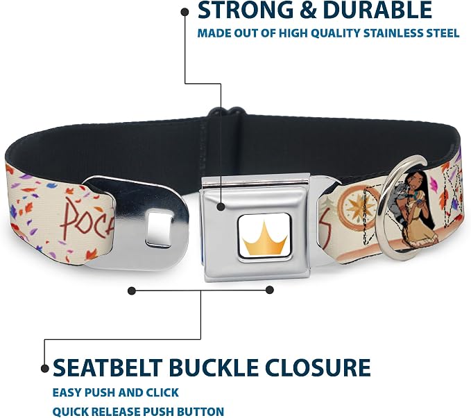 Dog Collar Seatbelt Buckle Pocahontas and Meeko Compass Pose with Script and Leaves Beige 15 to 24 Inches 1.0 Inch Wide | Pocahontas and Meeko Compass with Script and Leaves Beige Durable Metal Adjustable ID Tag Ring