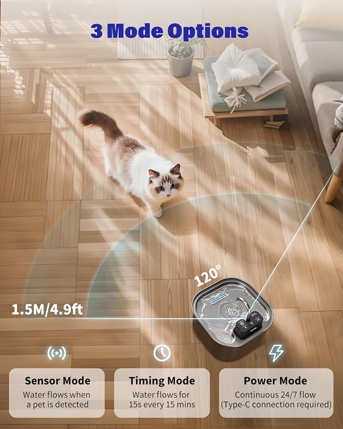 Lawfery 3.2L/108oz Wireless Stainless Steel Cat Water Fountain | Battery Operated Cordless Design with 3 Modes, Pet Drinking Fountain for Cats and Small Dogs, 4 Filters & 4 Sponges