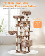 Taoqimiao Cat Tree, 71 in Extra Large Cat Tower for Inddor Cats, MS026LBW | 2 Large Cat Condos, 2 Cute Perches, Metal Frame Cozy Hammock, Durable Scratch Board, 8 Natural Sisal Posts, Basket, Leopard