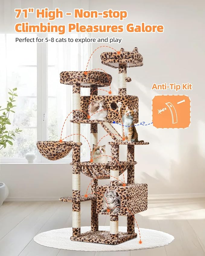 Taoqimiao Cat Tree, 71 in Extra Large Cat Tower for Inddor Cats, MS026LBW | 2 Large Cat Condos, 2 Cute Perches, Metal Frame Cozy Hammock, Durable Scratch Board, 8 Natural Sisal Posts, Basket, Leopard