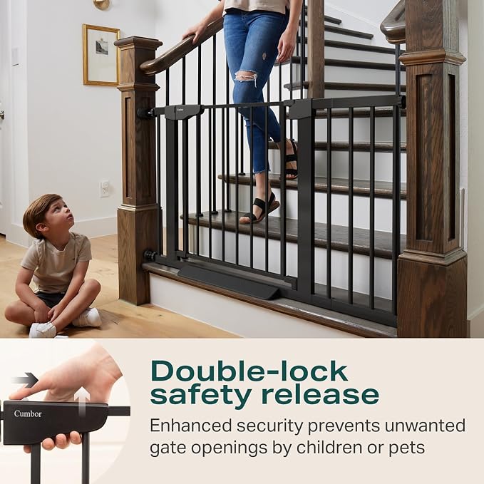 Cumbor 30-46" Baby Gate for Stairs, Auto Close Dog Gate for the House Black | Easy Install Pressure Mounted Pet Gates for Doorway, Dual Lock Indoor Safety Gate for Baby & Dog, Mom's Choice Awards Winner