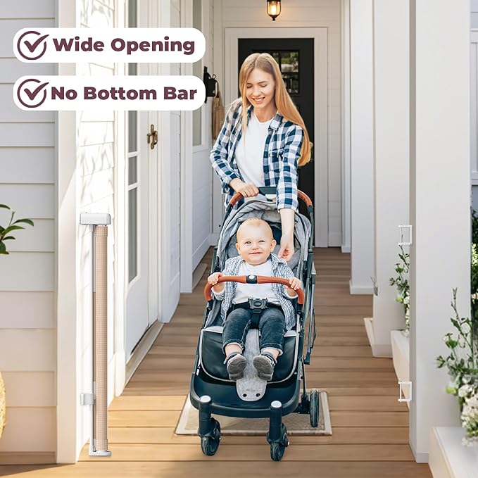 Retractable Baby Gate for Stairs & Doorways, Dog Gate Indoor Outdoor | Extends to 55" Wide 34" Tall Mesh Child Gate for Hallways, Deck, Porch, Pet Toddler Safety Essentials, Easy Install, Beige