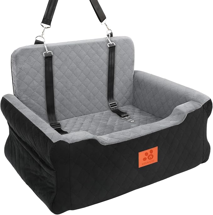 XIEEAOZEE Dog Car Seat for Large/Medium Dogs Up to 55 lbs, Soft Fabric Car Dog Bed Filling Memory Foam, Removable and Washable Pet Booster Carseat with 2 Safety Leashes, Thick Cushion (Black/Gray)
