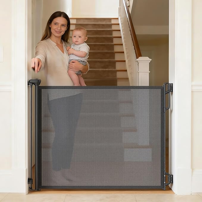 SPACEANY Retractable Safety Baby Gate or Mesh Dog Gate,Durable Portable Mesh Retractable Gate,Easy to Use for Stairs, Doorways, Hallways, Indoor, Outdoor, 33.5" Tall, Up to 45" Wide, Black