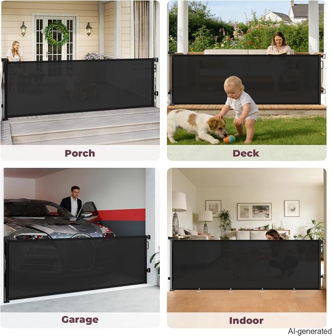 96" Retractable Baby Gate, Long Mesh Dog Gate for Garage Deck Porch | Strong Suction Disc Prevent Crawling Under, 34" Tall Child Safety Gate for Large Openings, Indoor Outdoor Use, Black
