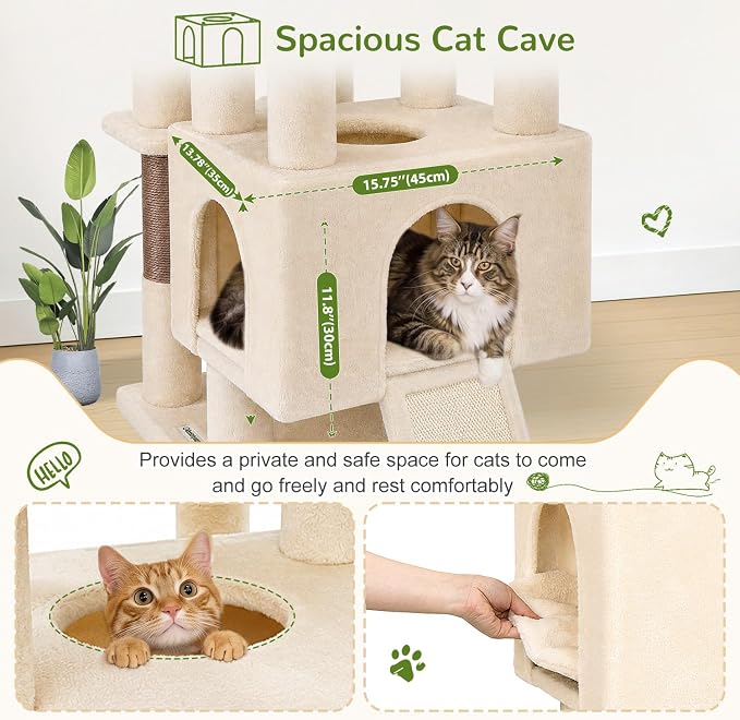 Globlazer S51 Sturdy Cat Tree for Indoor Large Cats, Beige | 51in Cat Tower with 4 Scratching Posts, Large Cat Tree with hammock for Cats Large Adult, Hanging Baskets, Top Perch
