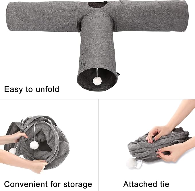 Ownpets 10" Large Cat Tunnel 3-Way T-Shape Oxford Fabric for Large Cat | Silent oxford fabric no noise, expandable 3-channel design, with plush ball ,feather wand, peek hole, for multi-cat household