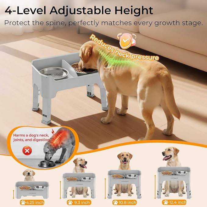 URPOWER Mess Proof Elevated Dog Bowls, Splash Guard Raised Bowl Stand | 4 Height Adjustable Raised Stand with 2 Stainless Steel Food Bowls & Licking Plate for Small, Medium & Large Dogs