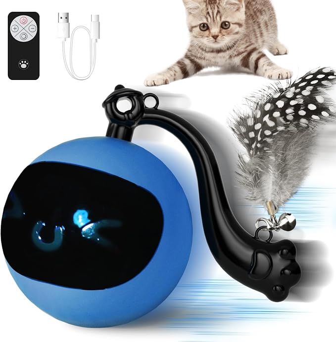 Interactive Cat Toy Ball, Automatic Self-Rolling Cat Toy with Feather Tail, Rechargeable Smart Cat Ball for Indoor Cats